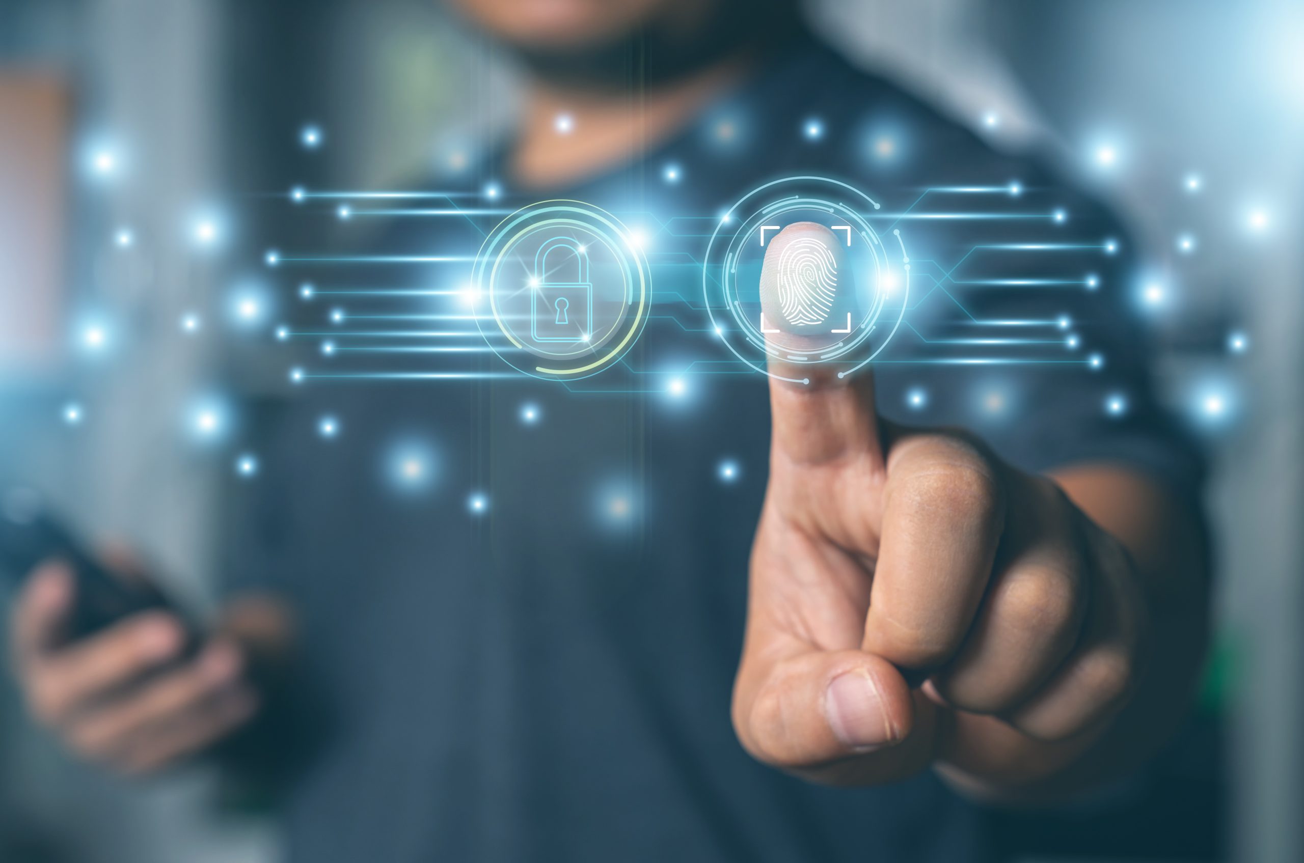 Fingerprint Scan Provides Security Access With Biometrics Identification. New Technology Fingerprint Scan For Unlock Bigdata And Business Process Strategy. Digital Transformation Change Management.iot